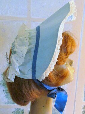 VICTORIAN BLUE BONNET, CIVIL WAR or PRAIRIE COSTUME, COTTON w LACE + FREE KID'S